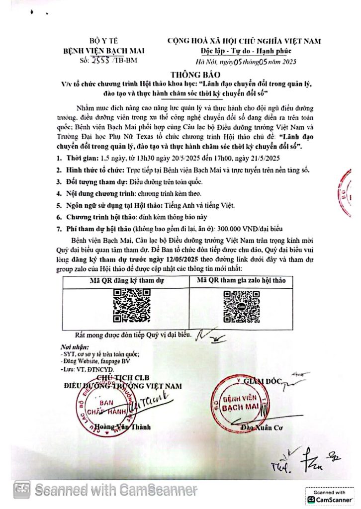 THÔNG BÁO v/v Tổ chức chương trình Hội nghị khoa học “Lãnh đạo chuyên môn trong quản lý đào tạo và thực hành chăm sóc thời kỳ chuyển đổi số”